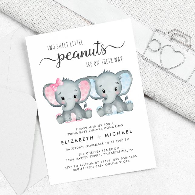 Elephant Twin Girl Boy Couples Baby Shower Invitation (Creator Uploaded)