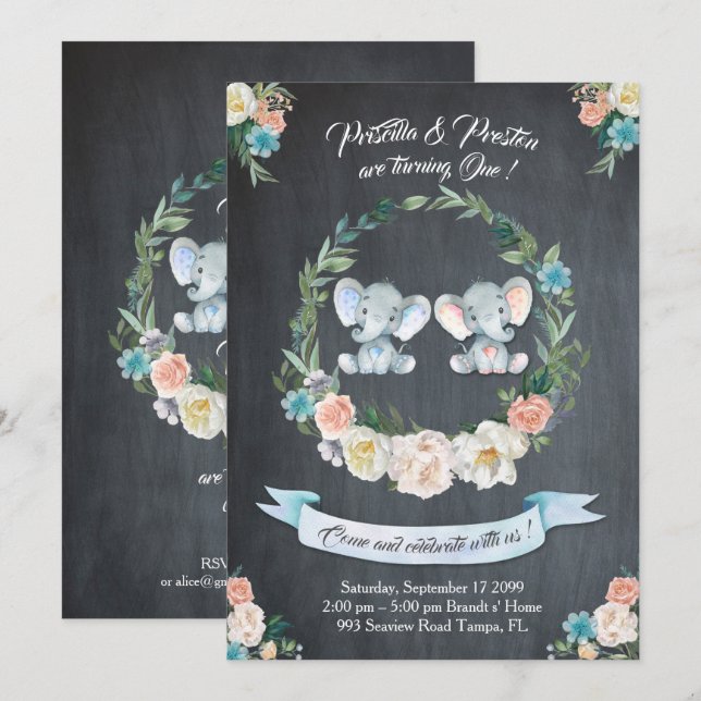 Elephant twin girl-boy Invitation, Floral,Baby 1st Invitation (Front/Back)