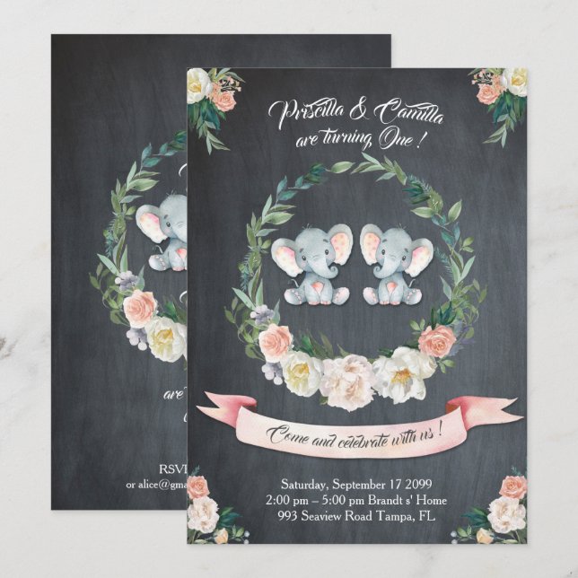 Elephant twin girl-girl Invitation,Floral,Baby 1st Invitation (Front/Back)