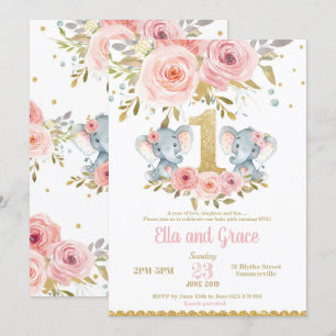 Elephant Twin Girls 1st Birthday Invitation