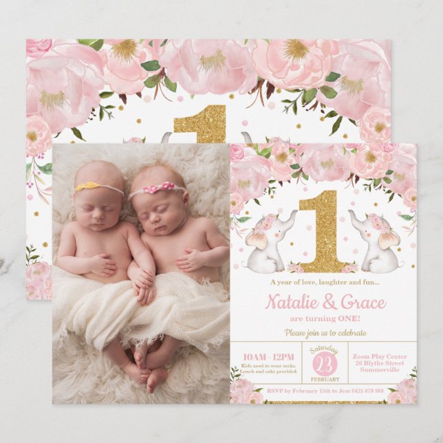 Elephant Twin Girls 1st Birthday Twins Photo Invitation (Front/Back)
