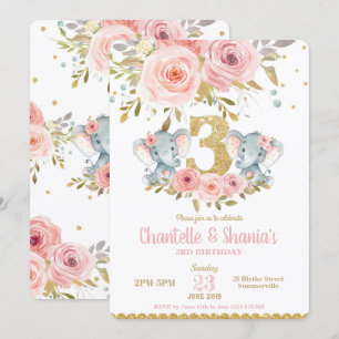 Elephant Twin Girls 3rd Birthday Invitation