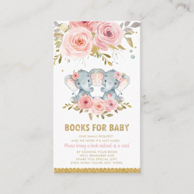 Elephant Twin Girls Baby Shower Bring a Book Enclosure Card (Front)