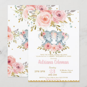 Elephant Twin Girls Baby Shower Invitation Floral