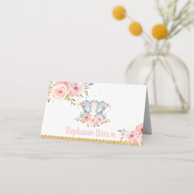 Elephant Twin Girls Baby Shower Pink Floral Place Card (Front)