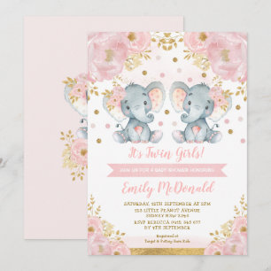 Elephant Twin Girls Baby Shower Pink Gold Floral Invitation