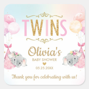 Elephant Twin Girls Baby Shower Thank You Favour Square Sticker