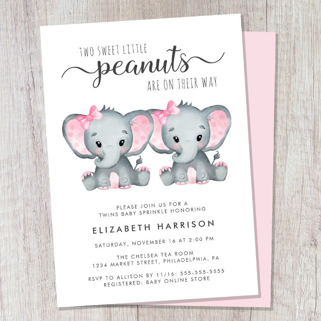 Elephant Twin Girls Baby Sprinkle Invitation (Cute twin girls baby sprinkle invitation)