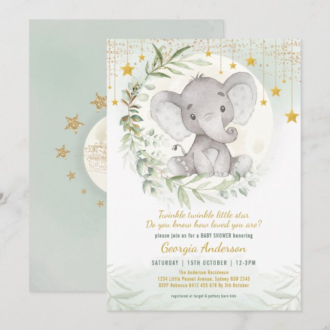 Elephant Twinkle Little Star Greenery Baby Shower Invitation (Front/Back)