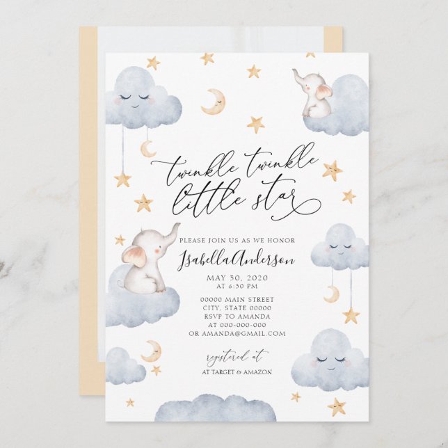 Elephant Twinkle Little Star Yellow Baby Shower Invitation (Front/Back)
