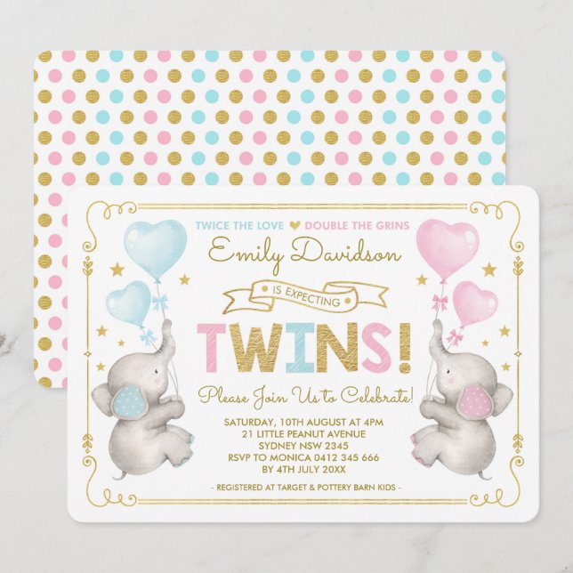 Elephant Twins Baby Shower Blue Pink Gold Boy Girl Invitation (Front/Back)