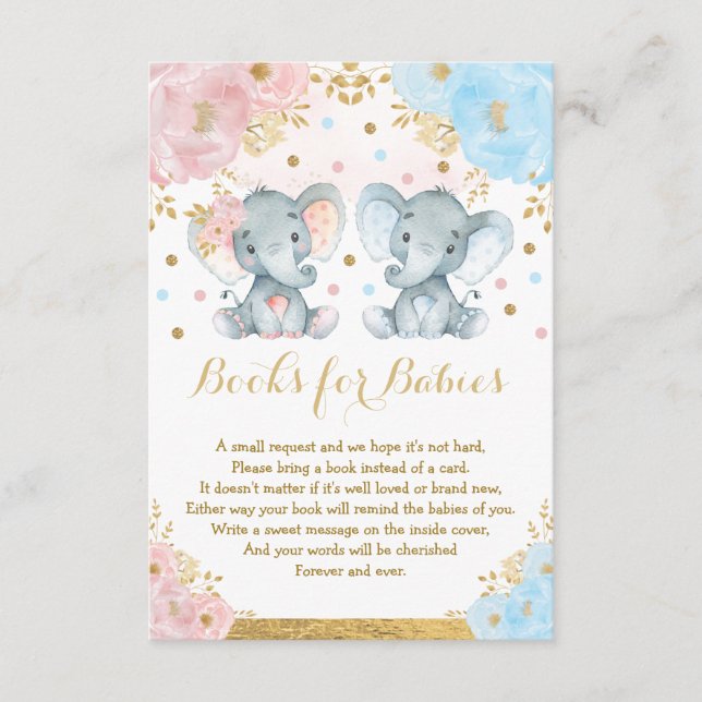 Elephant Twins Blue Pink Floral Books for Babies Enclosure Card (Front)