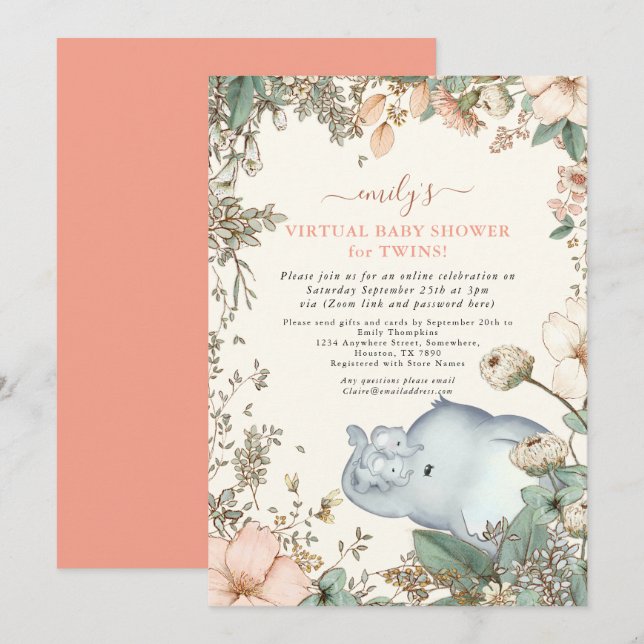 Elephant Twins Florals Coral Virtual Baby Shower Invitation (Front/Back)