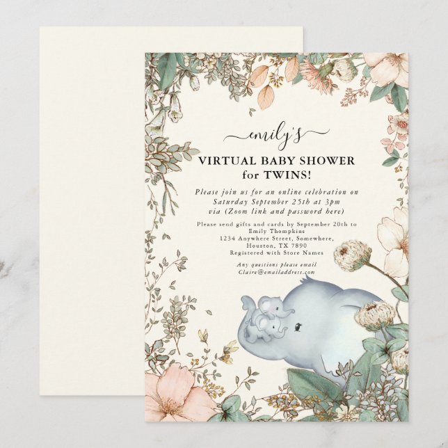 Elephant Twins Florals Cream Virtual Baby Shower Invitation (Front/Back)