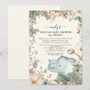 Elephant Twins Florals Cream Virtual Baby Shower Invitation