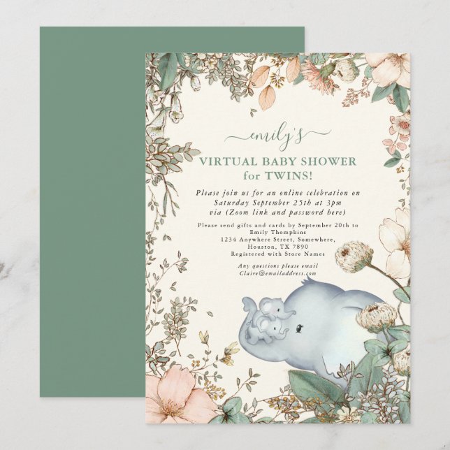 Elephant Twins Florals Sage Virtual Baby Shower Invitation (Front/Back)