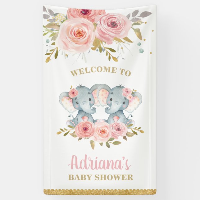 Elephant Twins Girls Baby Shower Backdrop Decor Banner (Vertical)