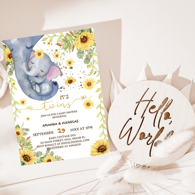 Elephant Twins Greenery Boho Baby Shower Invitation (Creator Uploaded)