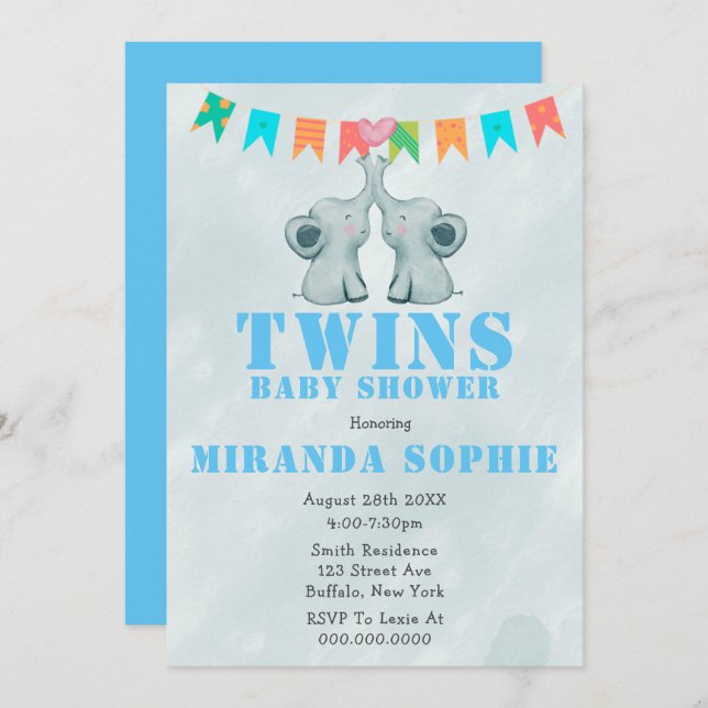 Elephant Twins Watercolor Baby Shower Invitations  (Front/Back)