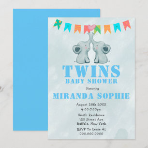 Elephant Twins Watercolor Baby Shower Invitations