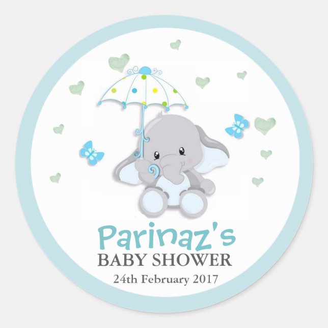 Elephant UmbrellaLove Blue Baby Shower Sticker Classic Round Sticker (Front)
