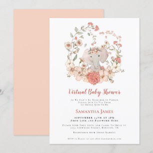 Elephant Vintage Foliage Peach Virtual Baby Shower Invitation