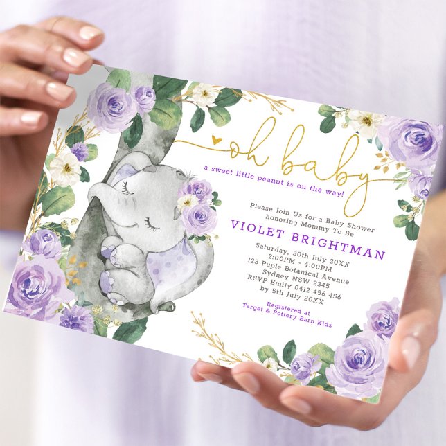 Elephant Violet Purple Floral Garden Baby Shower Invitation (Creator Uploaded)