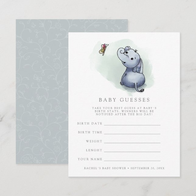 Elephant w butterfly baby shower guessing game invitation (Front/Back)