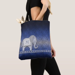 Elephant Walk Monogram Silver/Blue ID390 Tote Bag