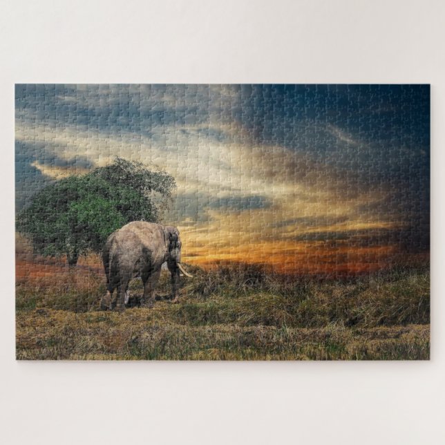 Elephant walking at sunset jigsaw puzzle (Horizontal)