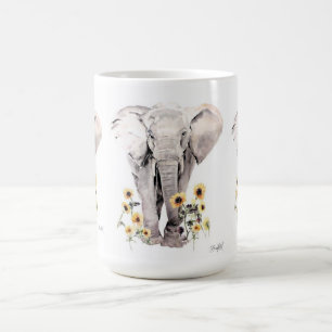 Elephant walking in the middle of sunflowers coffee mug