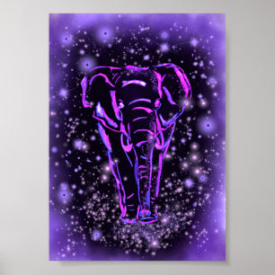 Elephant Walking Poster Purple Pink Starry Night