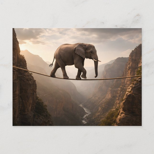 Elephant walks on the rope art postcard (Front)