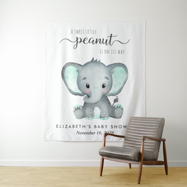 Elephant Watercolor Baby Shower Backdrop Tapestry (In Situ)