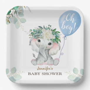 Elephant Watercolor Blue Balloon Boy Baby Shower  Paper Plate