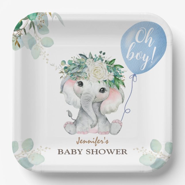 Elephant Watercolor Blue Balloon Boy Baby Shower  Paper Plate (Front)
