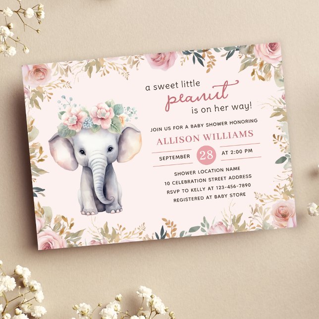 Elephant Watercolor Floral Girl Baby Shower  Invitation (Creator Uploaded)