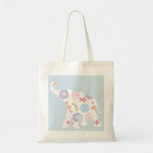 Elephant -Watercolor-Flowers Pattern Blue Unique Tote Bag