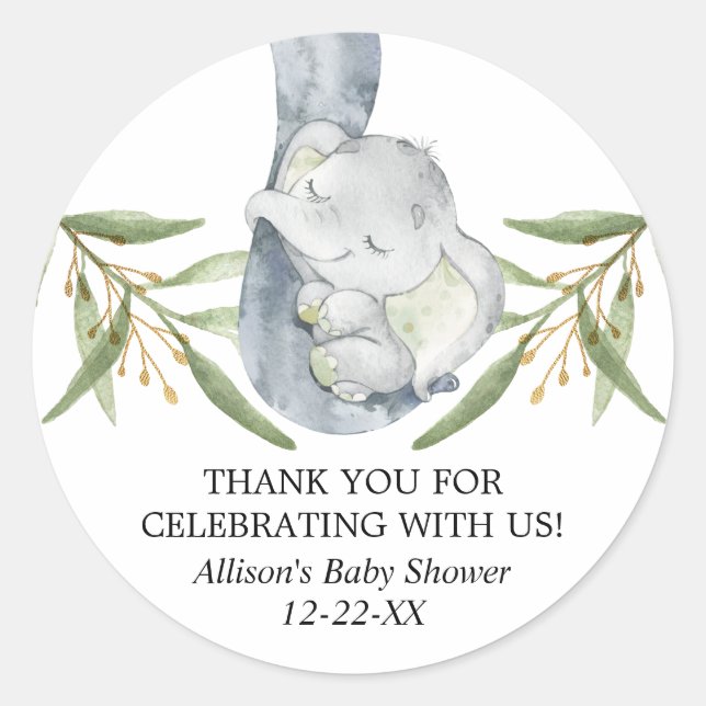 Elephant watercolor greenery green gold favour classic round sticker (Front)