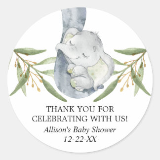Elephant watercolor greenery green gold favour classic round sticker