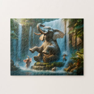 Elephant Waterfall Playful Jungle Animals Jigsaw Puzzle
