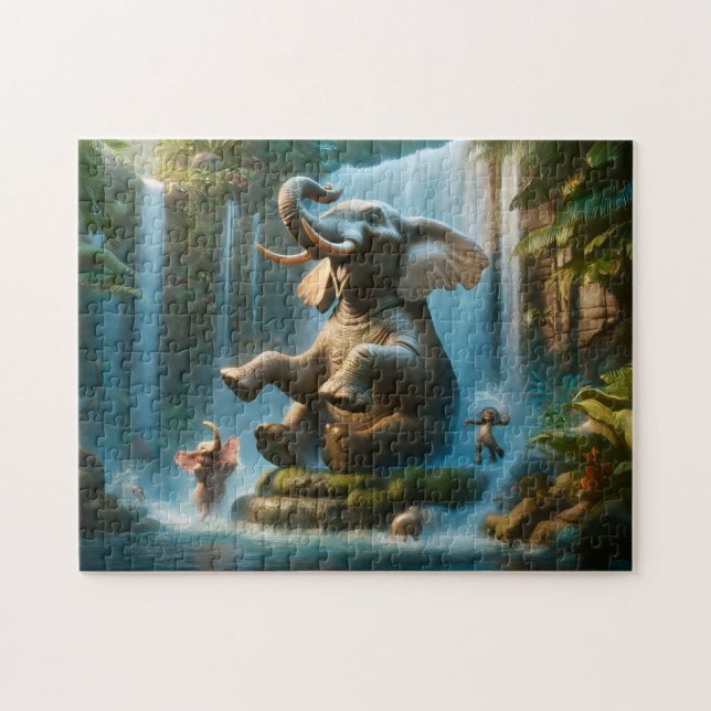 Elephant Waterfall Playful Jungle Animals Jigsaw Puzzle (Horizontal)