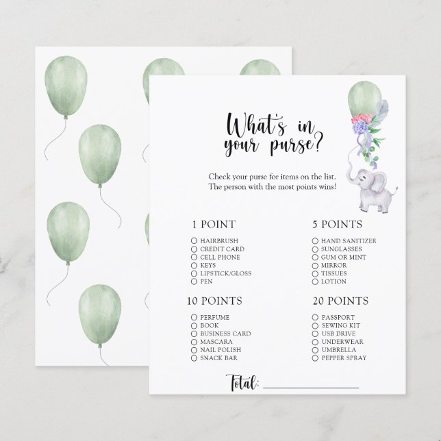 Elephant - Whats in your purse baby shower game (Front/Back)