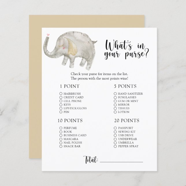 Elephant - Whats in your purse baby shower game (Front/Back)