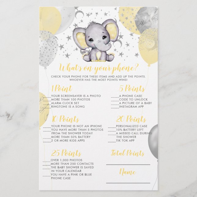 Elephant What's on your Phone Baby Shower Game (Front)