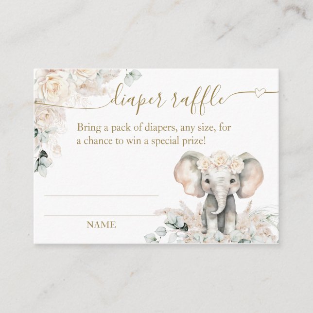 Elephant White Roses Boho Pampas Baby Girl Shower Enclosure Card (Front)