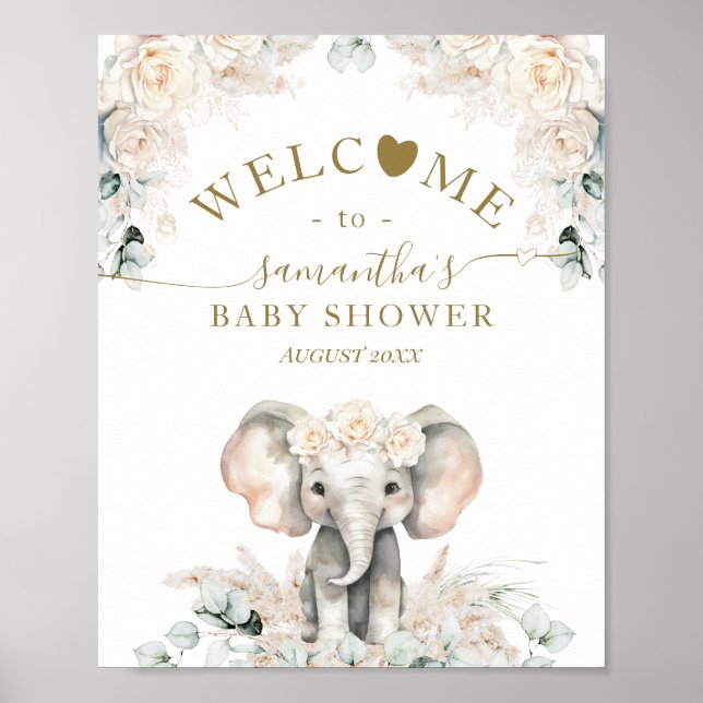 Elephant White Roses Boho Pampas Baby Girl Shower Poster (Front)