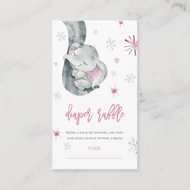 Elephant Winter Girl Baby Shower Diaper Raffle  Enclosure Card (Front)