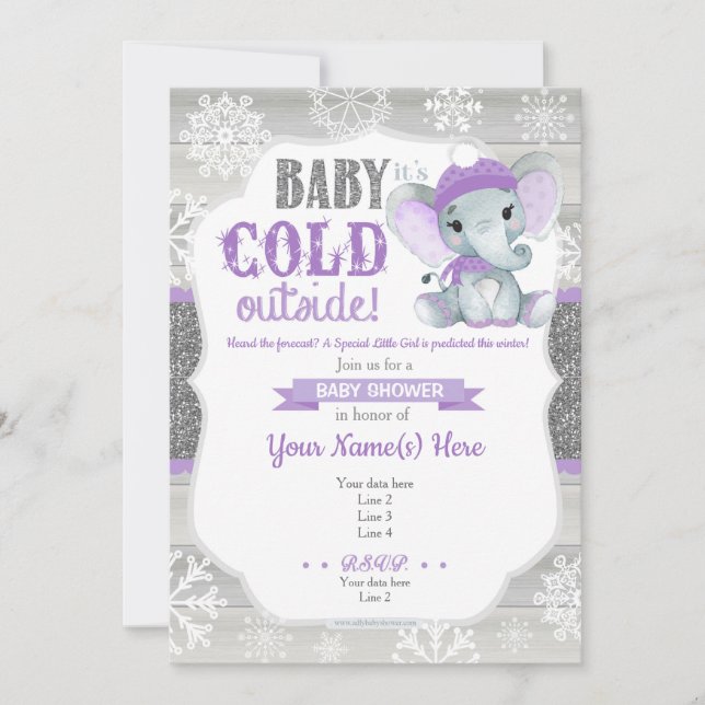 Elephant Winter Invitation for Girl Shower Purple (Front)