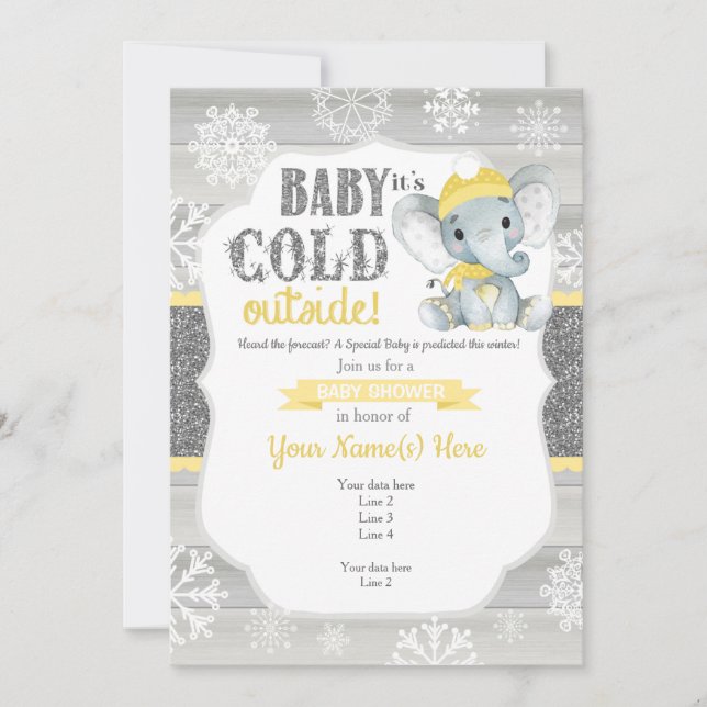 Elephant Winter Invitation for Neutral Baby Shower (Front)